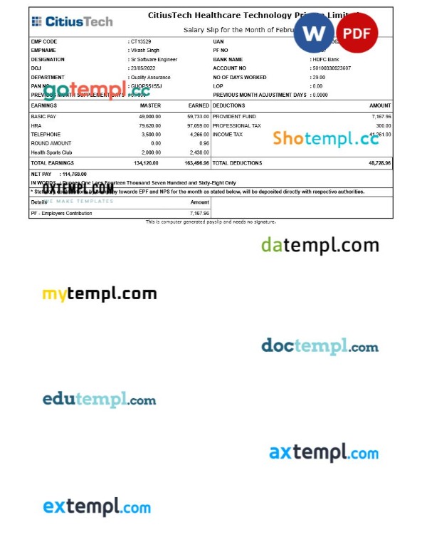 CitiusTech Healthcare Technology payslip template in Word and PDF formats