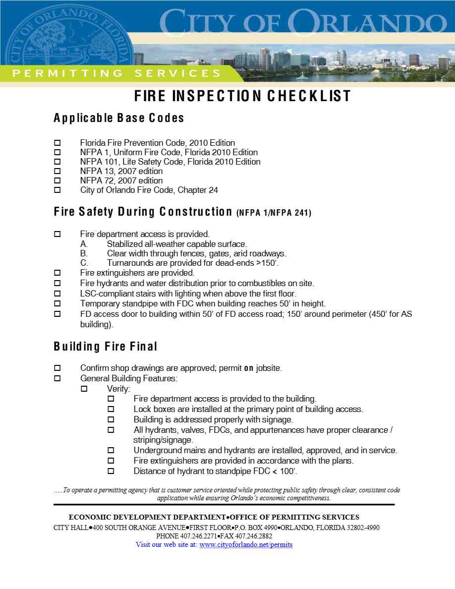 City of Orlando Fire Inspection checklist template in Word and PDF formats, 13 pages