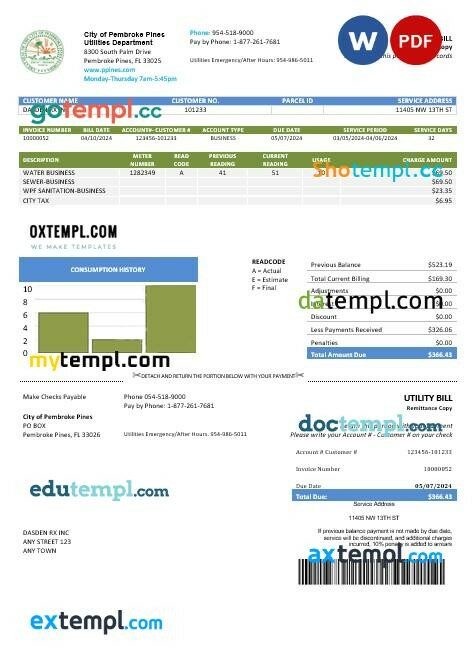 USA Florida City of Pembroke Pines Utilities Department business utility bill template in Word and PDF formats