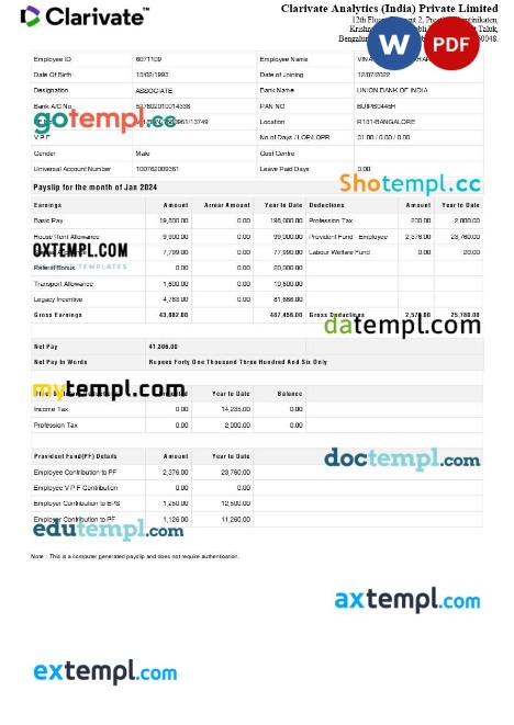 Clarivate Analytics India payslip template in Word and PDF formats