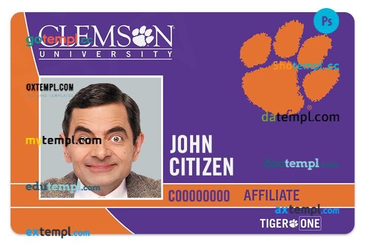 Clemson University student ID template in PSD format, fully editable