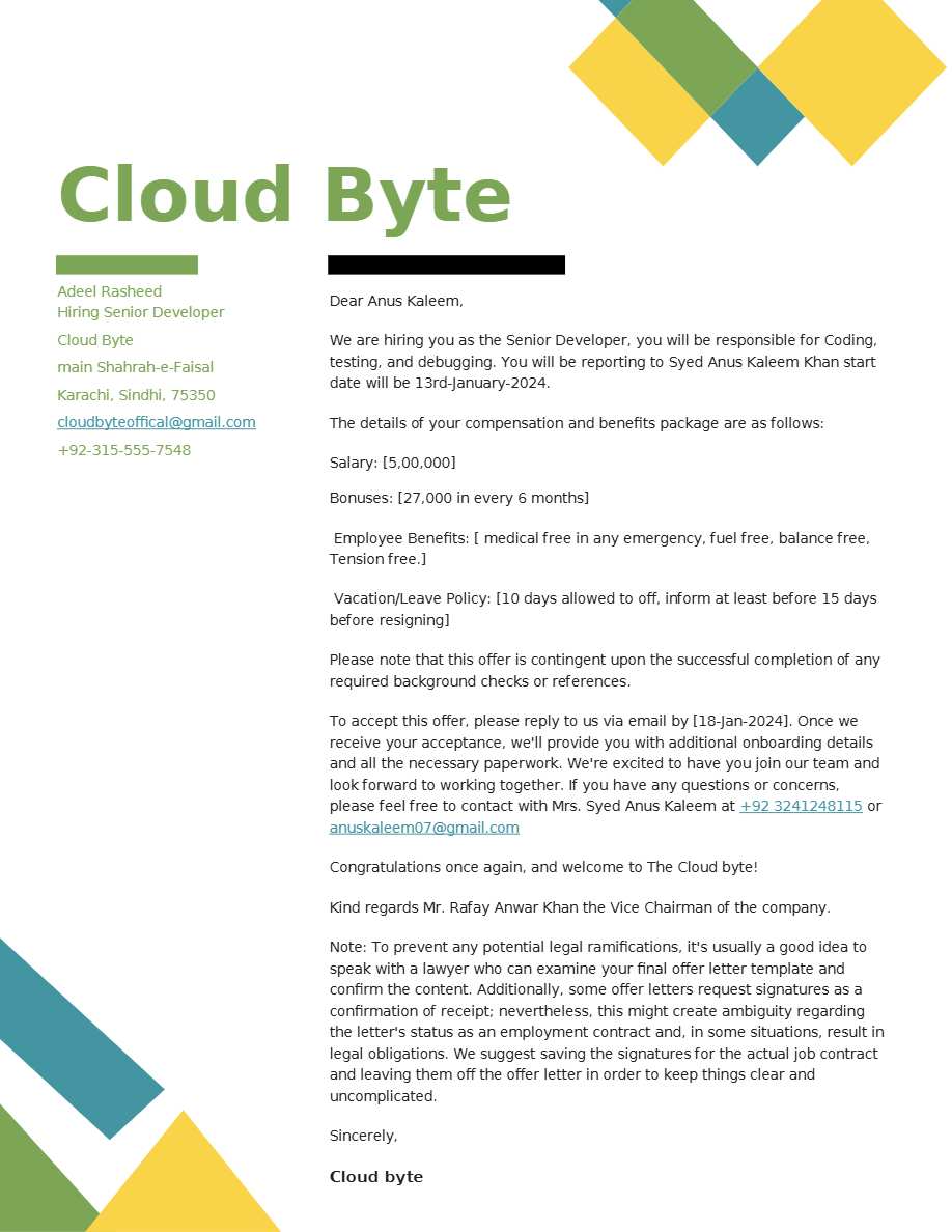 Cloud Byte Sr. Developer offer letter in Word and Pdf formats