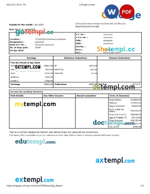 Coforge IT compay payslip template in Word and PDF formats