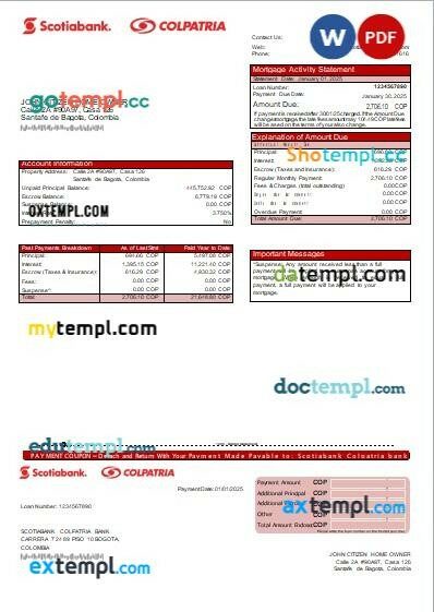 Colombia Scotiabank Colpatria bank mortgage statement, editable template in PDF and Word