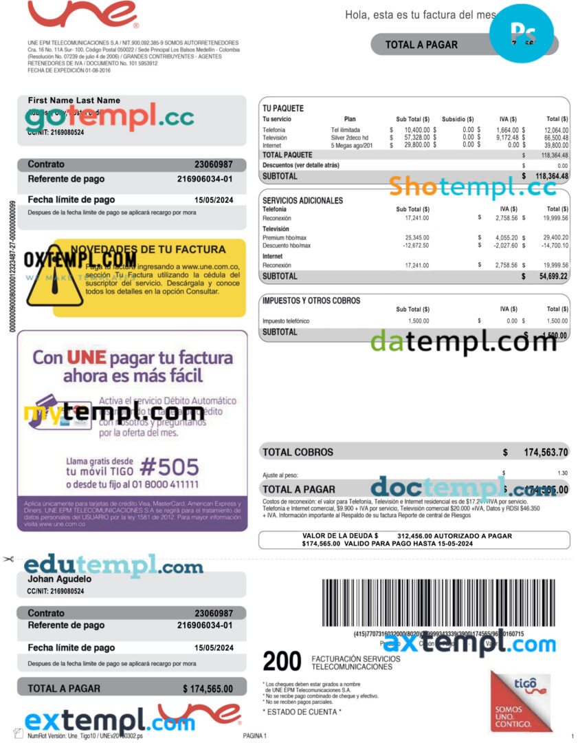 Colombia UNE EPM Telecomunicaciones utility bill template in PSD format