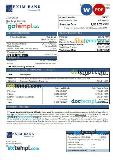 Comoros Exim bank mortgage statement, editable template in PDF and Word