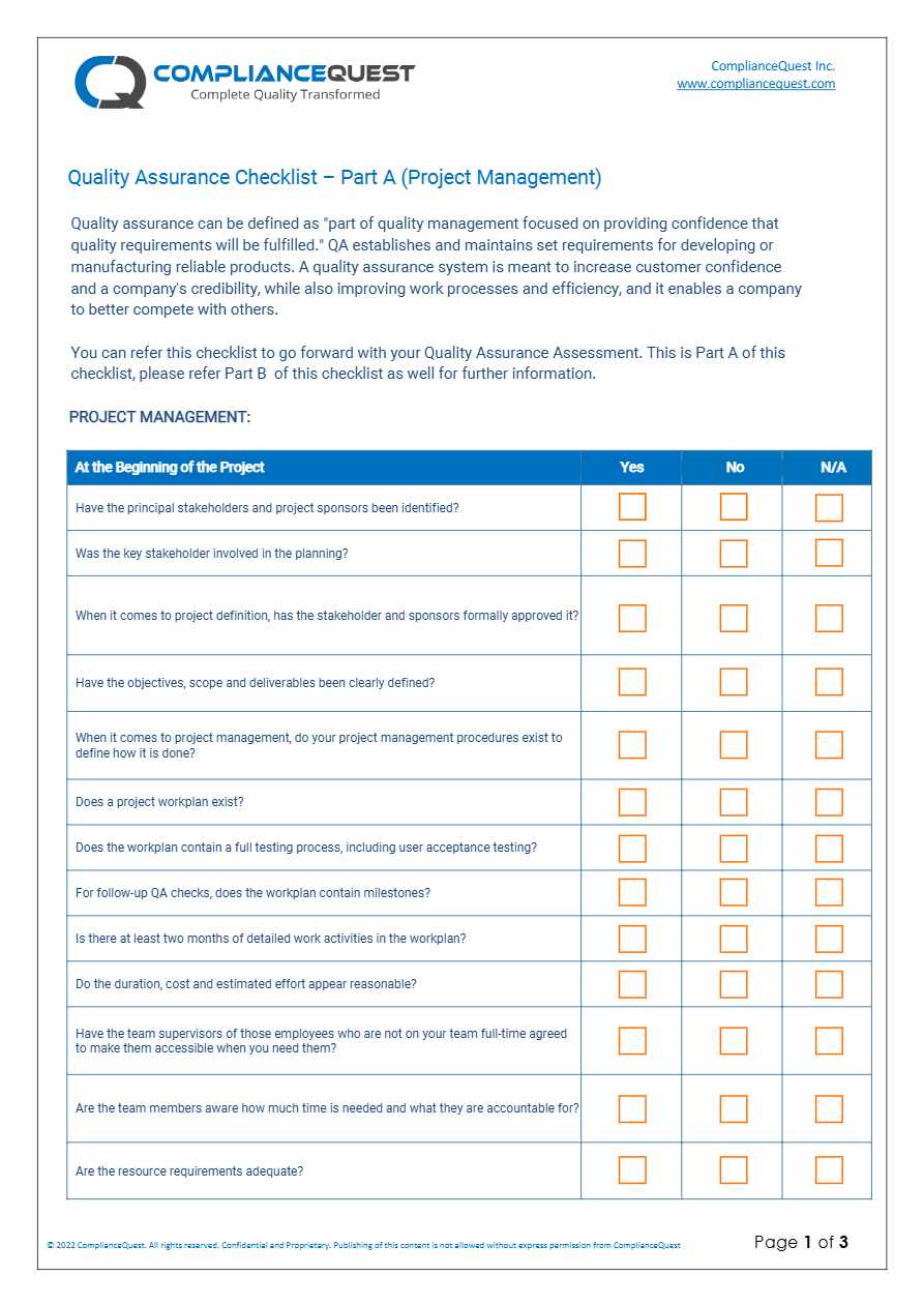 Compliance Quest QA checklist template in Word and PDF formats, 3 pages