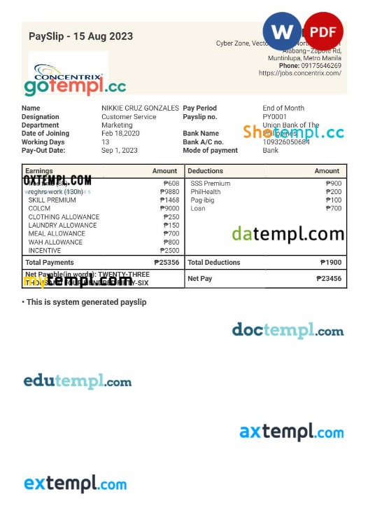 Concentrix technology and services payslip template in Word and PDF formats