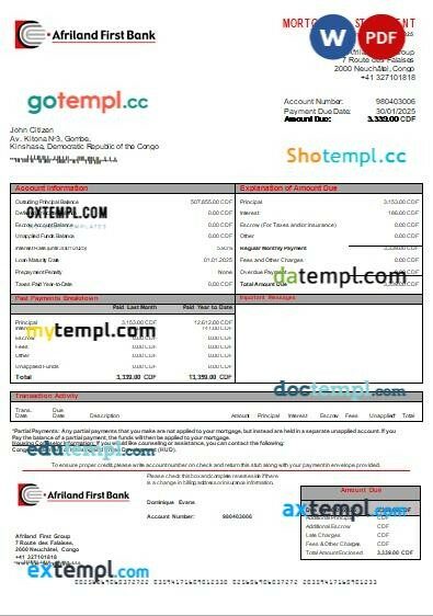 Congo Afriland First Bank mortgage statement, editable template in PDF and Word