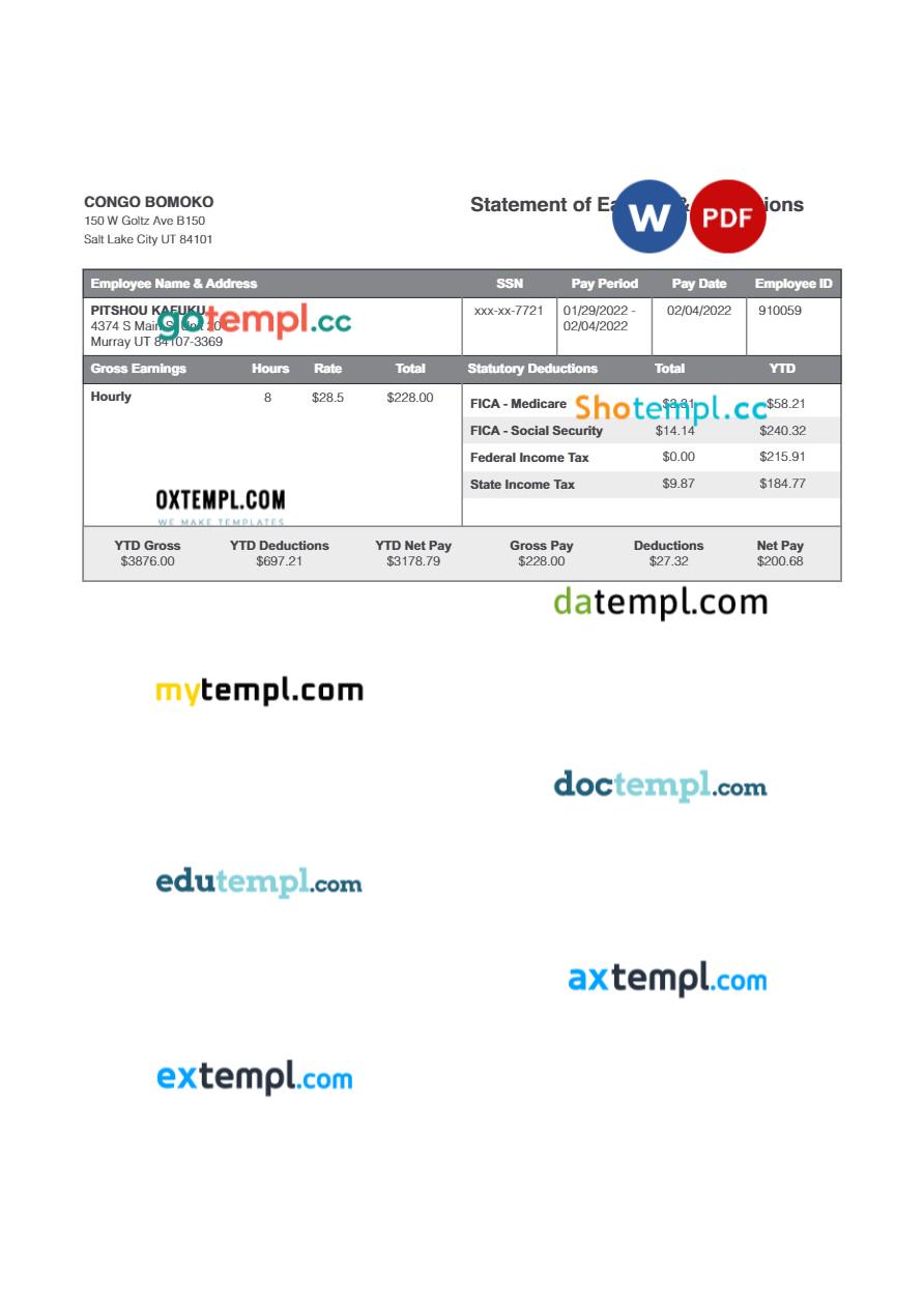 Congo Bomoko statement of earning & deductions template in Word and PDF formats