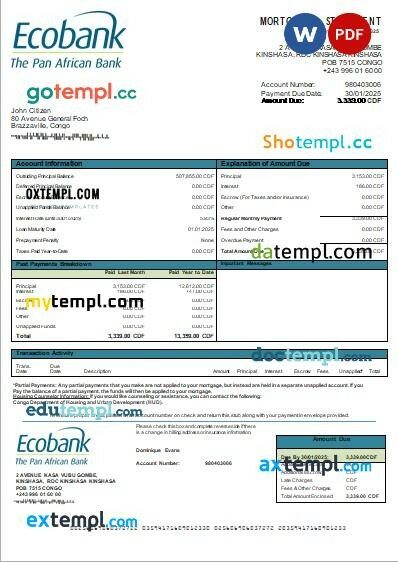 Congo Ecobank bank mortgage statement, editable template in PDF and Word