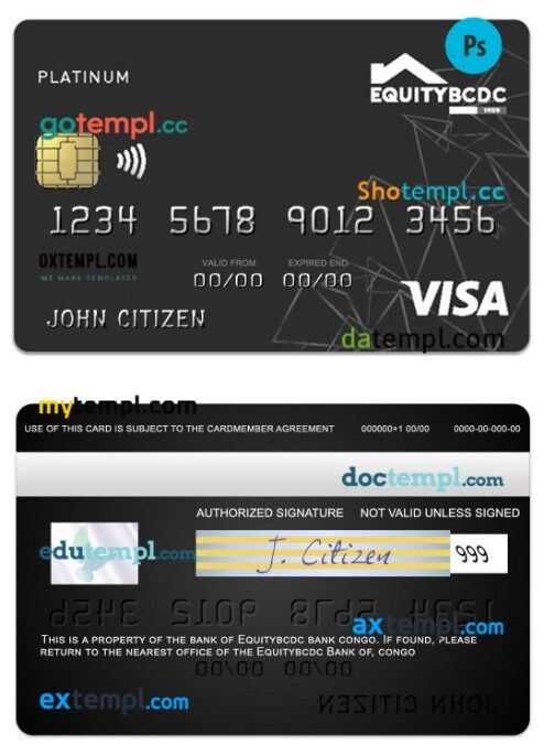 Congo EquityBCDC bank Visa Debit Platinum card template in PSD format