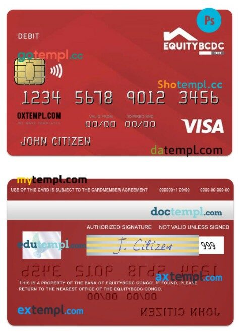 Congo EquityBCDC bank visa classic debit card template in PSD format