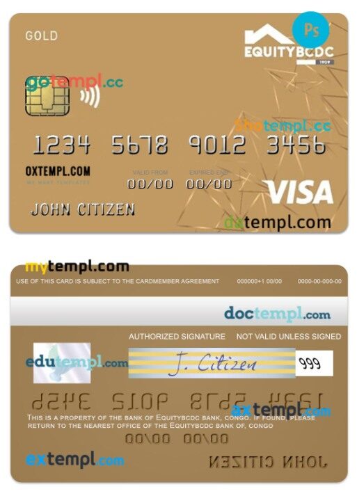 Congo EquityBCDC bank visa debit gold card template in PSD format