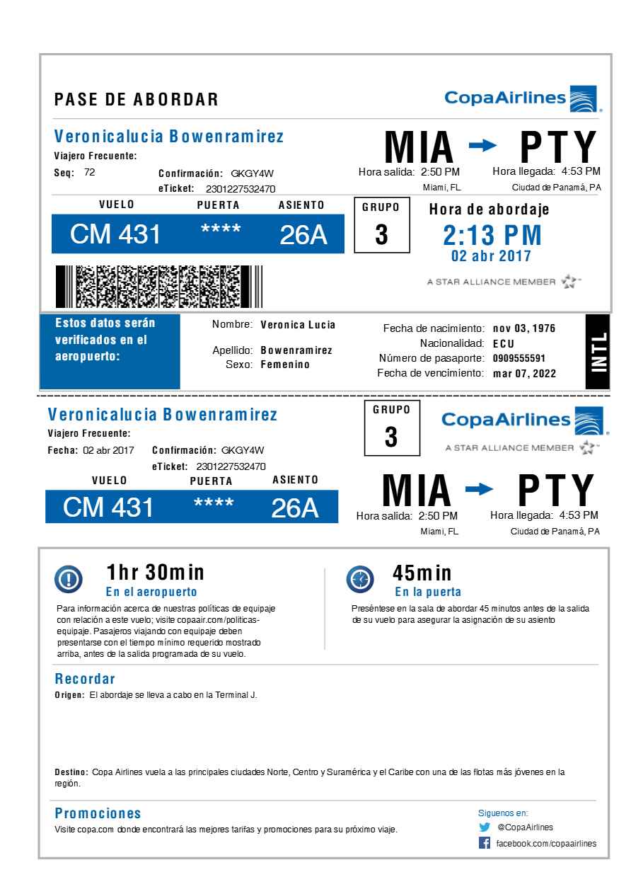 Copa Airlines boarding pass in Word and PDF formats