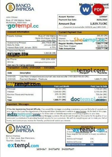 Costa Rica Banco Improsa bank mortgage statement, editable template in PDF and Word