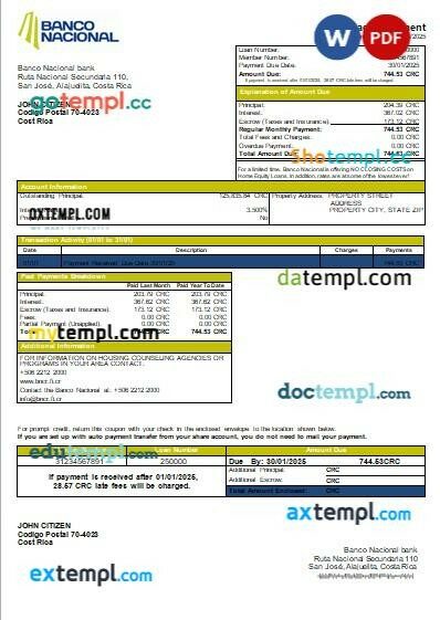 Costa Rica Banco Nacional bank mortgage statement, editable template in PDF and Word