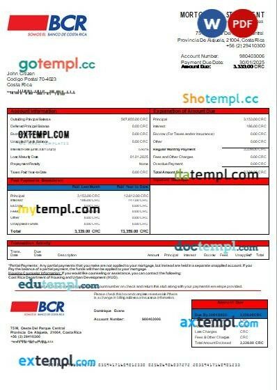 Costa Rica The Bank of Costa Rica bank mortgage statement, editable template in PDF and Word