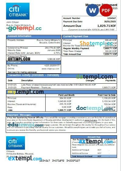 Cote d’Ivoire Citibank bank mortgage statement, editable template in PDF and Word