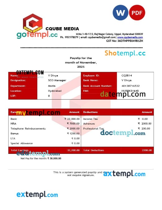 Cqube Media payslip template in Word and PDF formats