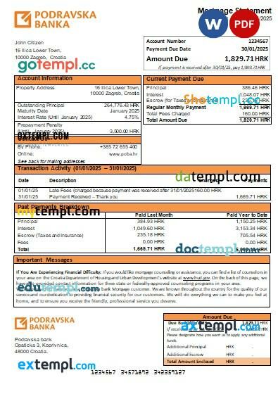 Croatia Podravska bank mortgage statement, editable template in PDF and Word