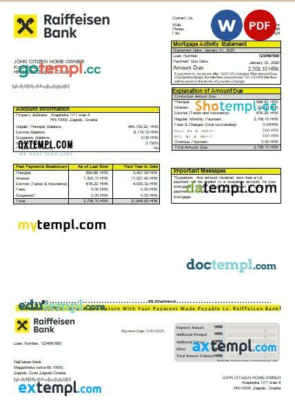 Croatia Raiffeisen Bank mortgage statement, editable template in PDF and Word