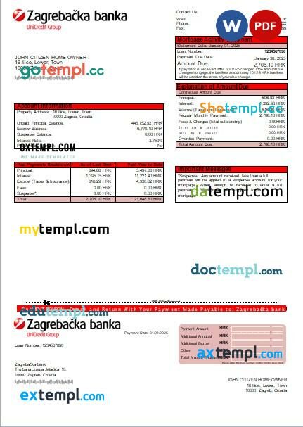 Croatia Zagrebačka bank mortgage statement, editable template in PDF and Word