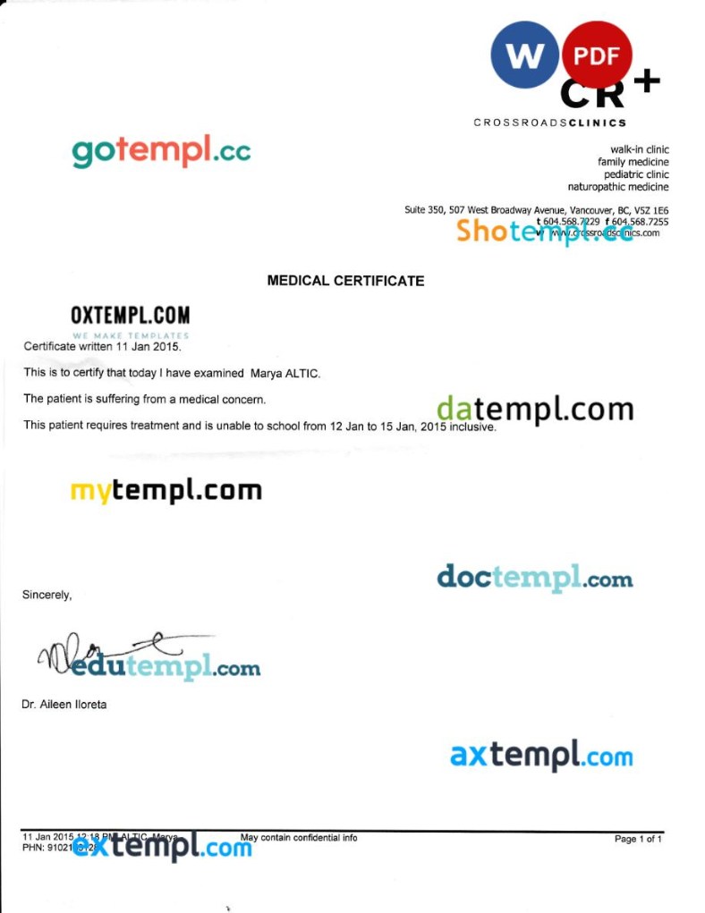 Cross Roads Clinics doctor note template Word and PDF formats