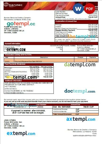 Cuba BANDEC bank mortgage statement, editable template in PDF and Word