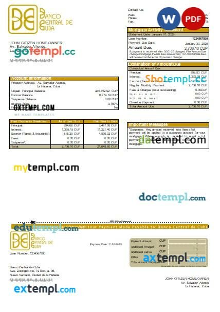 Cuba Banco Central de Cuba bank mortgage statement, editable template in PDF and Word