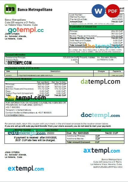 Cuba Banco Metropolitano bank mortgage statement, editable template in PDF and Word