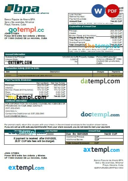 Cuba Banco Popular de Ahorro (BPA) bank mortgage statement, editable template in PDF and Word