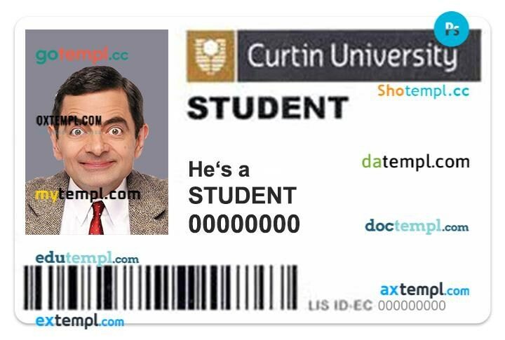 Curtin University student ID template in PSD format, fully editable