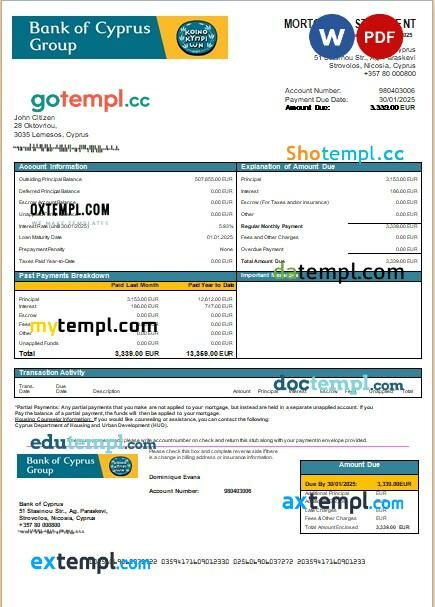 Cyprus Bank of Cyprus bank mortgage statement, editable template in PDF and Word