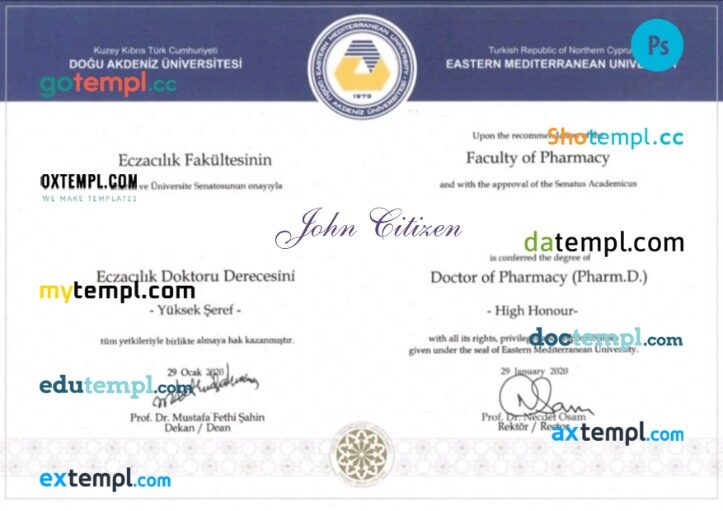 Cyprus Eastern Mediterranean University diploma template in PSD format