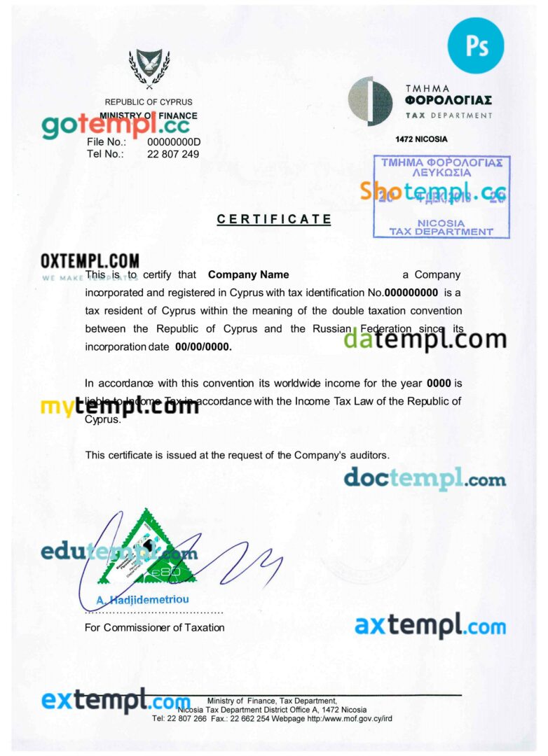 Cyprus company registration certificate PSD template