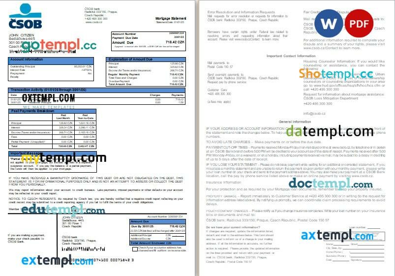 Czech ČSOB bank mortgage statement, 2 pages, editable template in PDF and Word