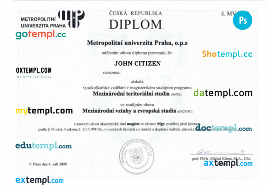 Czech Republic Metropolitan university diploma template in PSD format