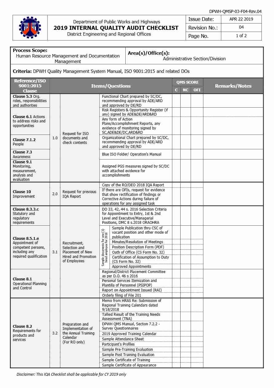 DPWH Internal Quality Audit checklist template in Word and PDF formats, 2 pages