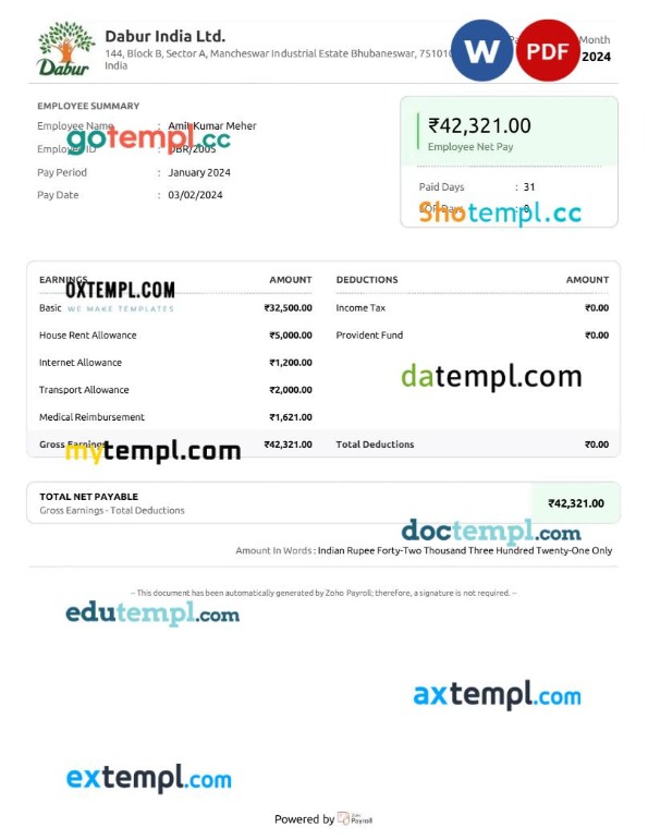 Dabur India goods company payslip template in Word and PDF formats