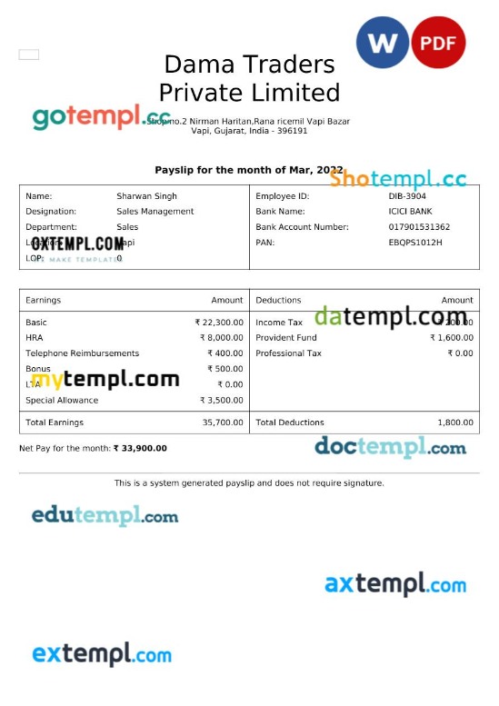 Dama Traders payslip template in Word and PDF formats