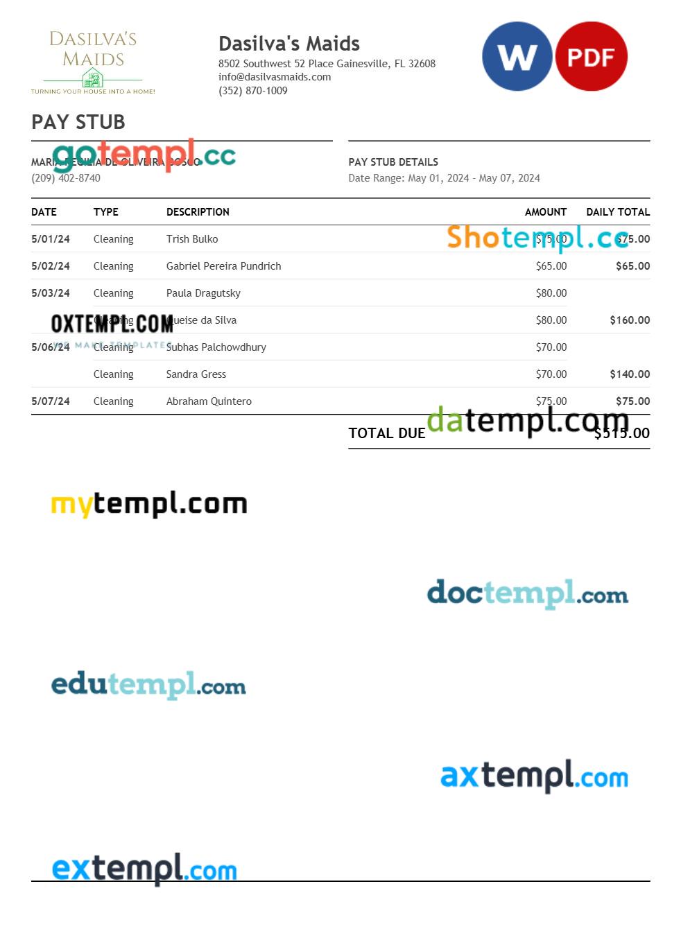 Dasilva's Maids pay stub template in Word and PDF formats