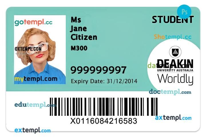 Deakin University student ID template in PSD format, fully editable