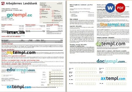 Denmark Arbejdernes Landsbank bank mortgage statement, 2 pages, editable template in PDF and Word