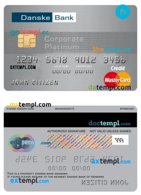 Denmark Danske bank credit corporate platinum mastercard template in PSD format