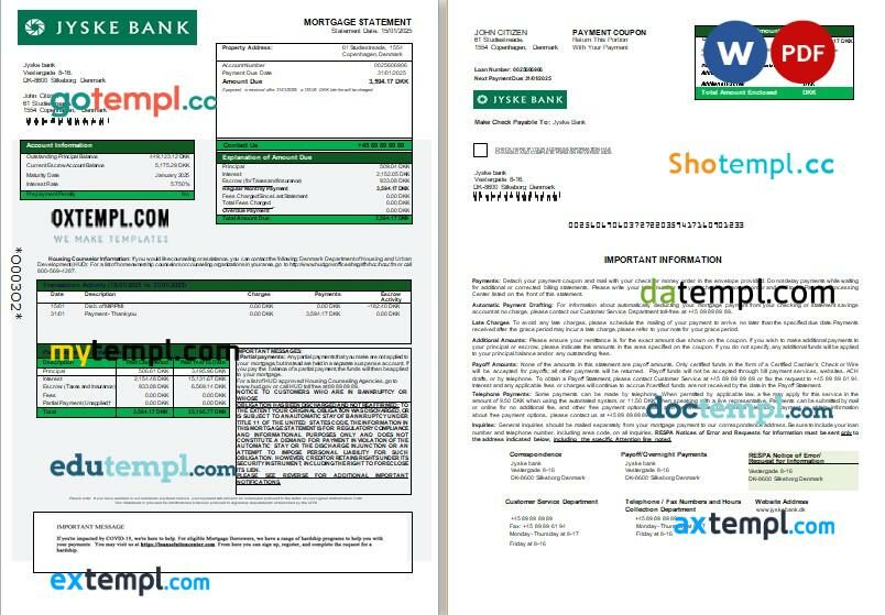 Denmark Jyske bank mortgage statement, 3 pages, editable template in PDF and Word