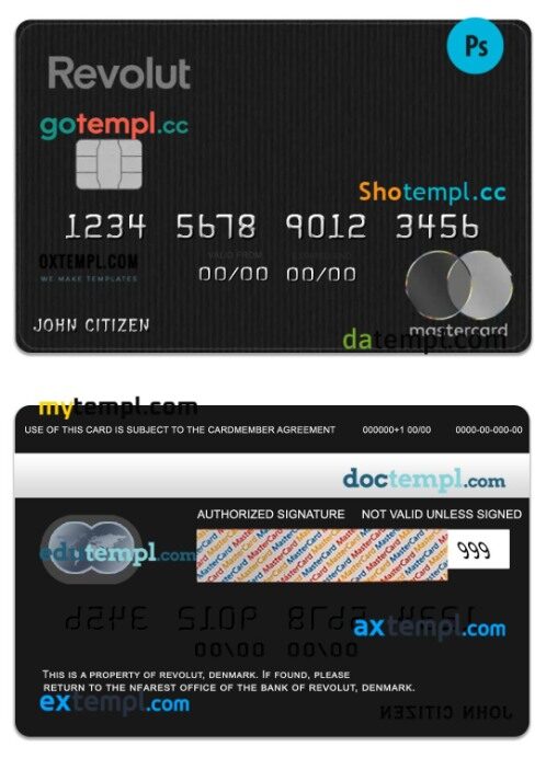 Denmark Revolut bank ultra mastercard template in PSD format