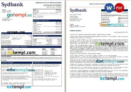 Denmark Sydbank bank mortgage statement, 3 pages, editable template in PDF and Word