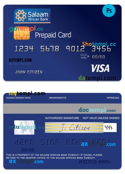 Djibouti The Salaam African bank visa prepaid card template in PSD format