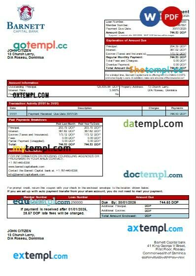 Dominica Barnett Capital bank mortgage statement, editable template in PDF and Word